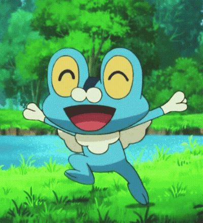 Cartoon Frog Jumping With Arms Outstretched In Field GIF