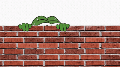 Cartoon Frog Peeking Over Red Brick Wall GIF
