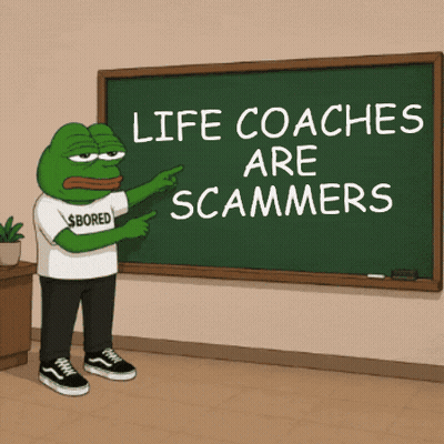 Cartoon Frog Pointing at Blackboard Saying Life Coaches Are Scammers
