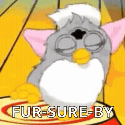 Cartoon Furby Sitting On Yellow Surface Saying Fur-Sure-By GIF
