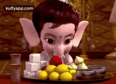Cartoon Ganesha Sitting With Fruit Tray GIF
