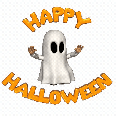 Cartoon Ghost Surrounded By Happy Halloween GIF
