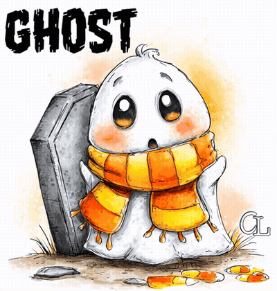 Cartoon Ghost With Scarf And Candy Corn Next To Grave GIF