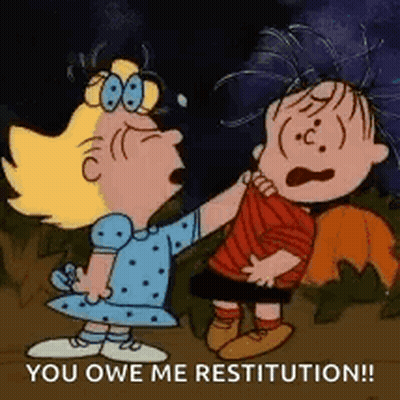 Cartoon Girl And Boy Saying You Owe Me Restitution GIF