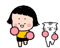 Cartoon Girl And Cat Holding Pom Poms Sticker