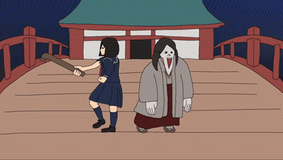 Cartoon Girl And Man In Front Of Temple GIF