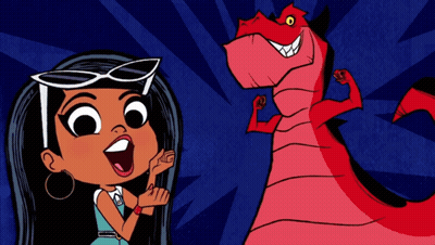 Cartoon Girl and Red Dinosaur