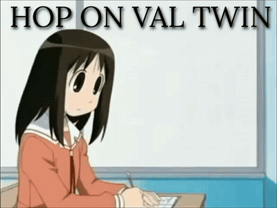 Cartoon Girl At Desk Saying Hop On Val Twin GIF