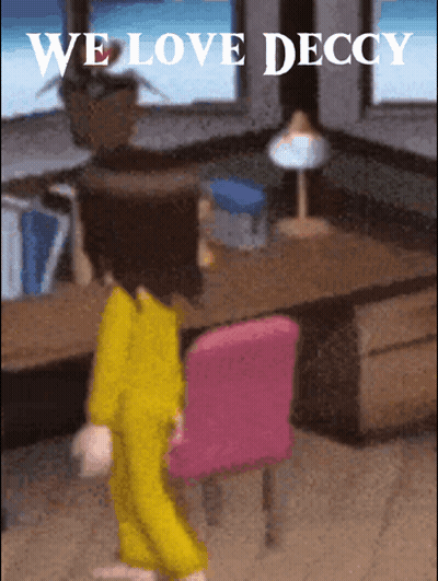 Cartoon Girl At Desk Saying We Love Deccy GIF