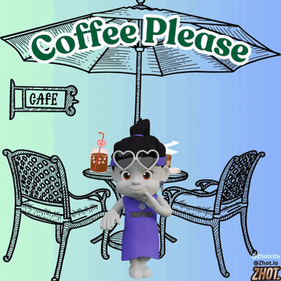 Cartoon Girl At Table Under Umbrella Saying Coffee Please GIF