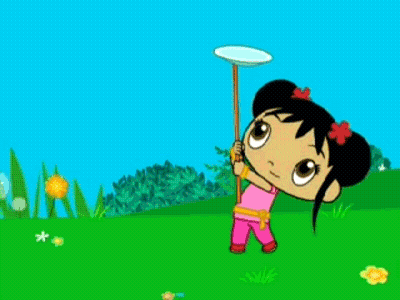 Cartoon Girl Balancing Plate on Stick in Grassy Field
