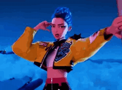 Cartoon Girl Blue Hair Yellow Jacket Arms Outstretched GIF