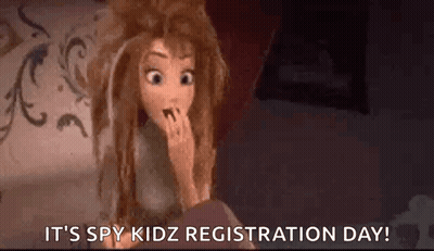 Cartoon Girl Covering Mouth Saying Spy Kidz Registration Day GIF