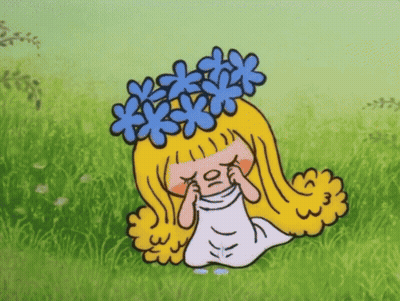 Cartoon Girl Crying With Blue Flower Wreath GIF