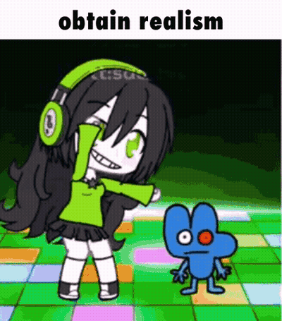 Cartoon Girl Dancing With Headphones Next To Blue Four GIF