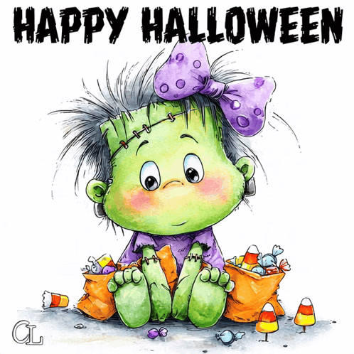 Cartoon Girl Dressed As Frankenstein Saying Happy Halloween GIF
