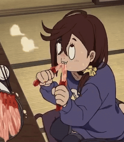 Cartoon Girl Eating Meat At Table GIF