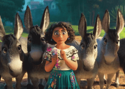 Cartoon Girl Facing Donkeys GIF