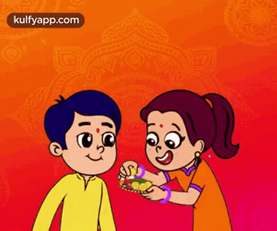Cartoon Girl Feeding Boy Plate Of Food GIF
