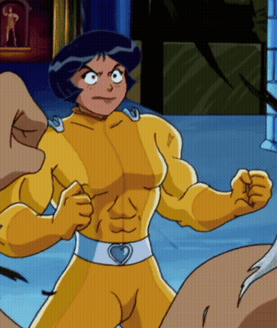 Cartoon Girl Flexing Muscles With Heart Belt GIF
