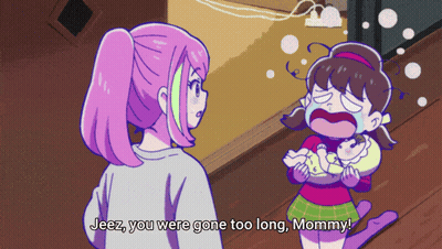Cartoon Girl Holding Baby Saying Jeez You Were Gone Too Long Mommy GIF