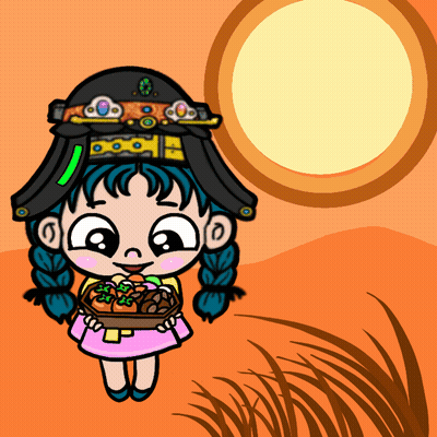 Cartoon Girl Holding Basket Of Food With Sun GIF