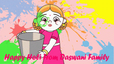 Cartoon Girl Holding Bucket Happy Holi From Daswani Family GIF