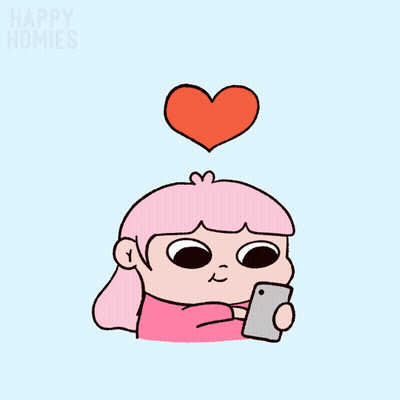 Cartoon Girl Holding Cell Phone With Heart Above Head Happy Homies GIF