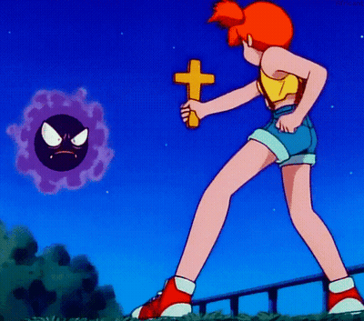 Cartoon Girl Holding Cross Beside Purple Pokémon GIF