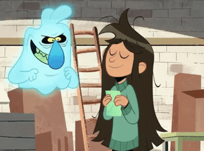 Cartoon Girl Holding Envelope With Ghost Behind GIF