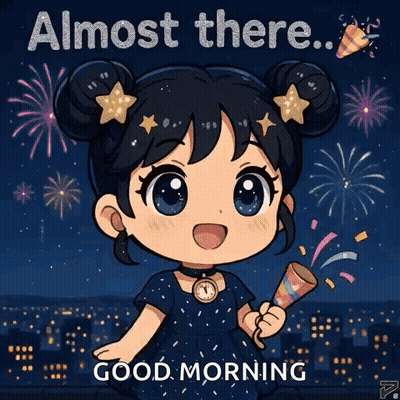 Cartoon Girl Holding Fireworks Almost There Good Morning GIF