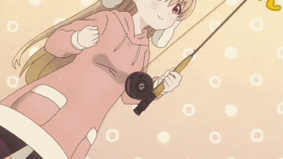 Cartoon Girl Holding Fishing Rod In Front Of Sign Saying O GIF
