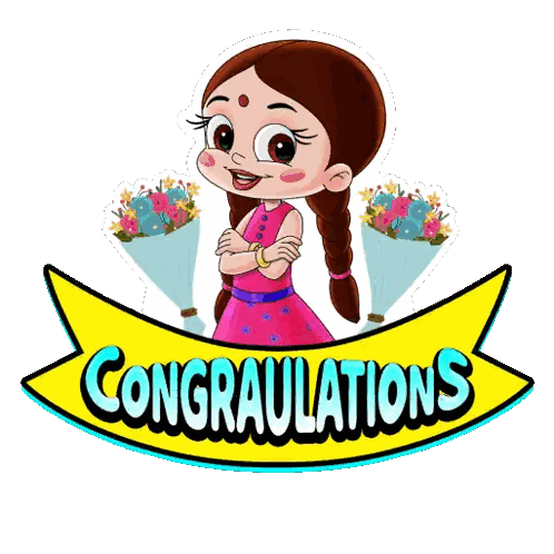 Cartoon Girl Holding Flowers Behind Congratulations Banner Sticker