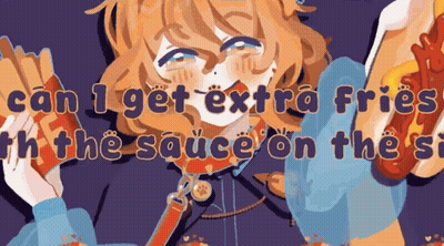 Cartoon Girl Holding French Fries And Ketchup Saying Can I Get Extra Fries And The Sauce On The Side GIF