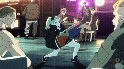 Cartoon Girl Holding Gun In Front Of Crowd GIF