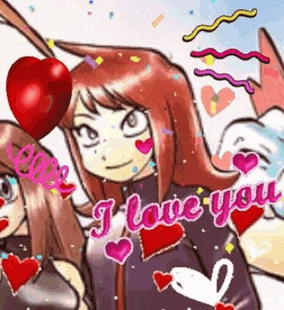 Cartoon Girl Holding Heart Balloon Says I Love You GIF