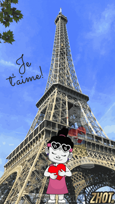 Cartoon Girl Holding Heart In Front Of Eiffel Tower Je T'aime GIF
