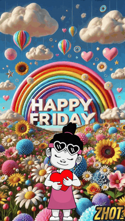 Cartoon Girl Holding Heart Rainbow Flowers Happy Friday GIF