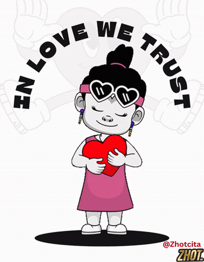 Cartoon Girl Holding Heart With Love We Trust GIF
