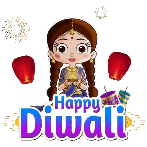 Cartoon Girl Holding Lamp Happy Diwali Sticker