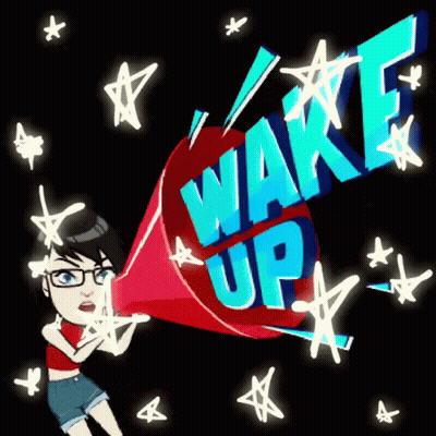 Cartoon Girl Holding Megaphone Saying Wake Up GIF