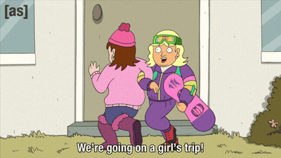 Cartoon Girl Holding Snowboard Saying Girls Trip GIF