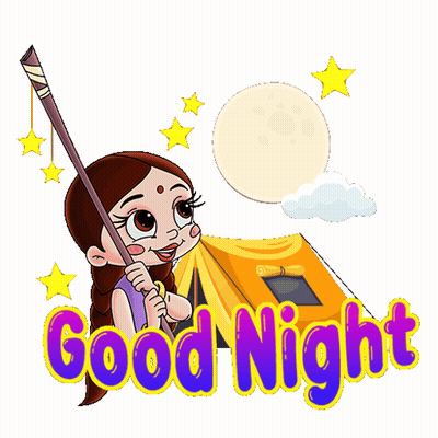 Cartoon Girl Holding Stick in Front of Tent Good Night