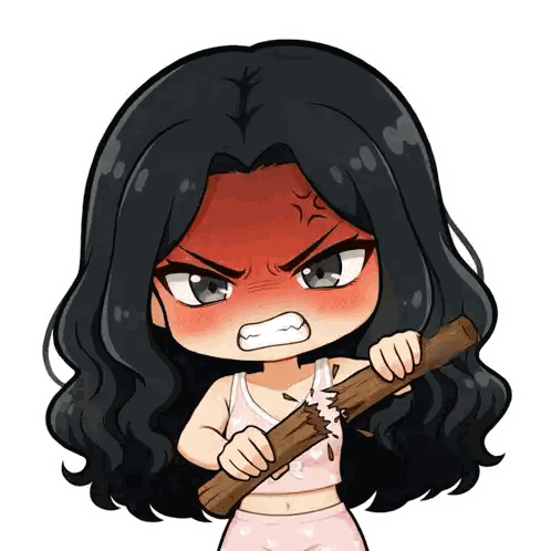 Cartoon Girl Holding Stick With Red Face Sticker