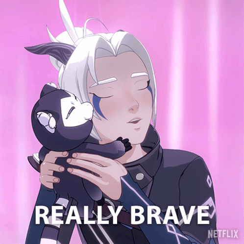 Cartoon Girl Holding Stuffed Animal With Words Really Brave GIF