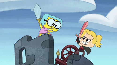 Cartoon Girl Holding Sword Next To Another Girl Holding Sword GIF