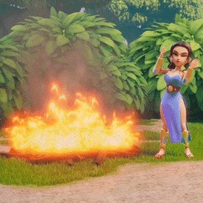 Cartoon Girl In Blue Dress In Front Of Fire GIF