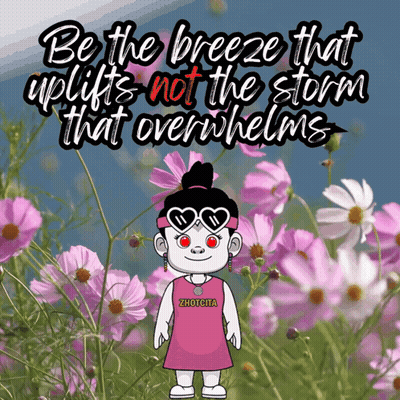 Cartoon Girl In Flower Field Saying Be The Breeze That Uplifts GIF
