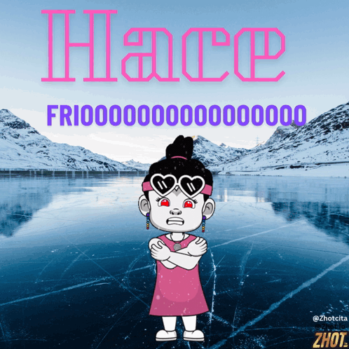 Cartoon Girl In Front Of Frozen Lake With Hace GIF