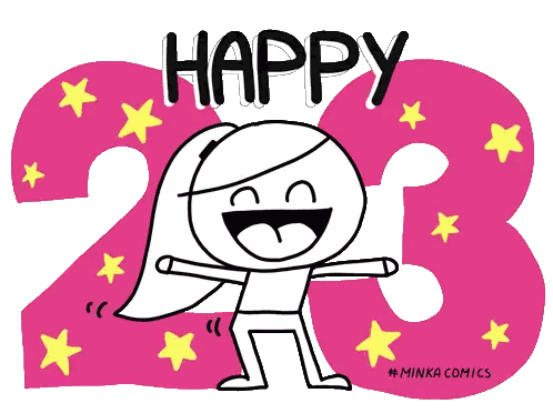 Niña caricatura frente a 23 rosa diciendo feliz Sticker